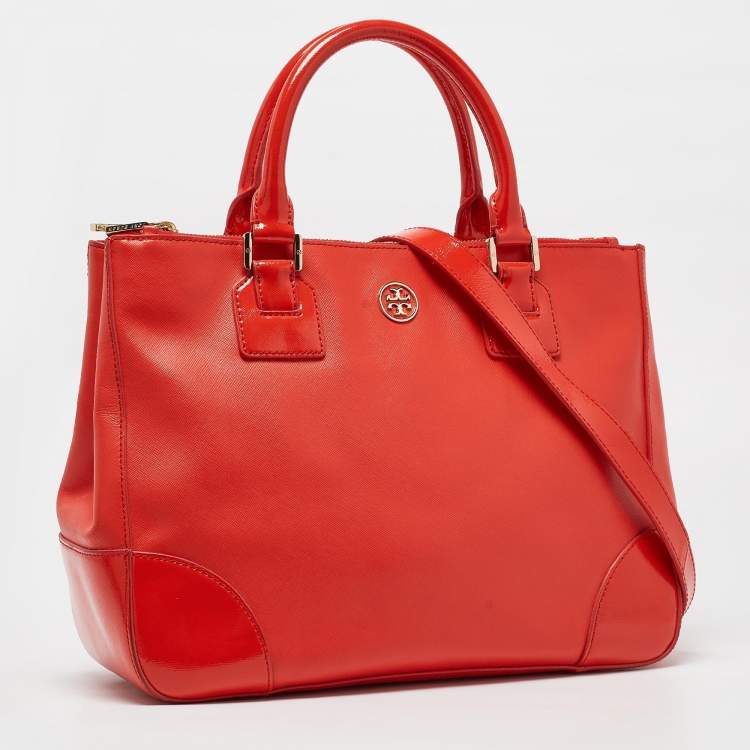 Pre Owned Tory Burch Orange Patent and Leather Large Robinson Double Zip Tote