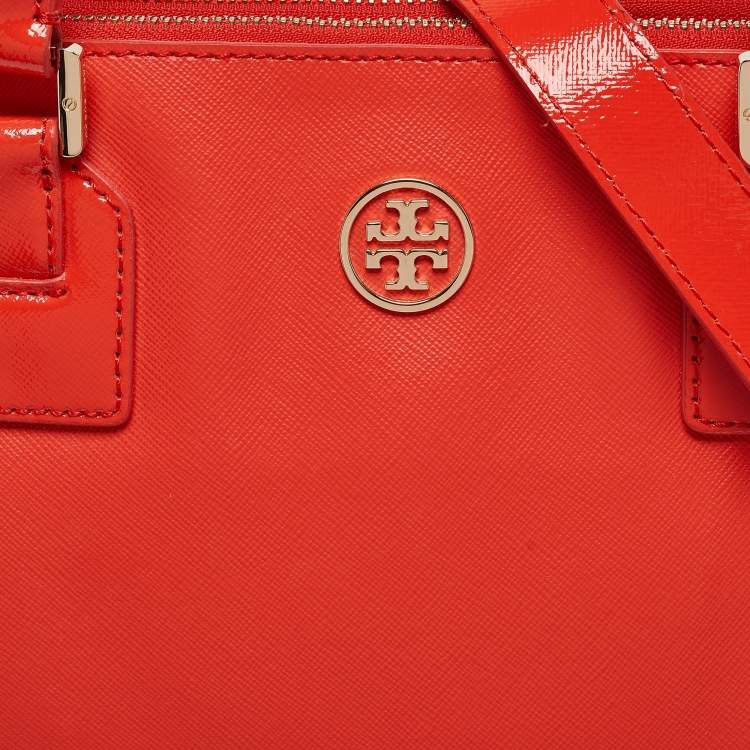 Pre Owned Tory Burch Orange Patent and Leather Large Robinson Double Zip Tote