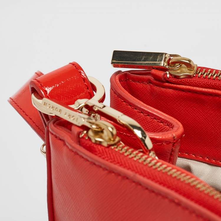 Pre Owned Tory Burch Orange Patent and Leather Large Robinson Double Zip Tote