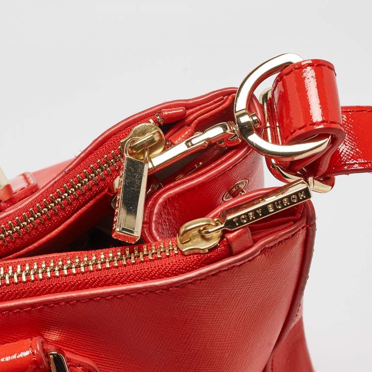 Pre Owned Tory Burch Orange Patent and Leather Large Robinson Double Zip Tote
