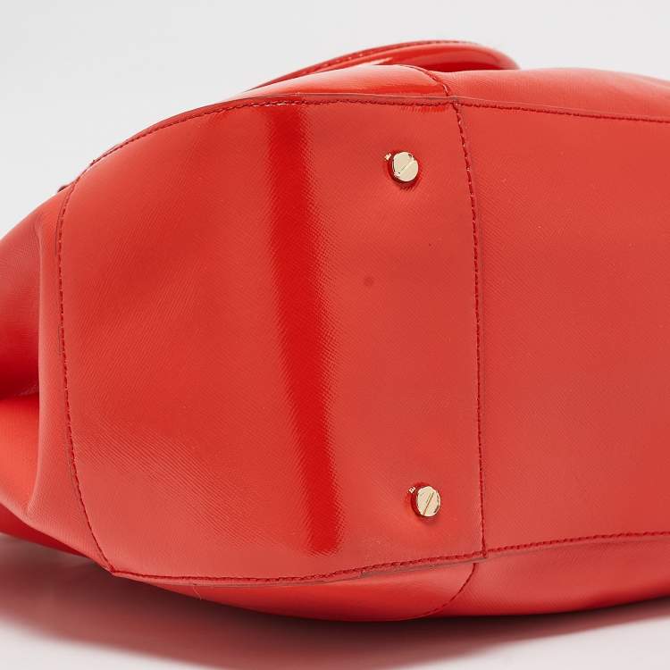 Pre Owned Tory Burch Orange Patent and Leather Large Robinson Double Zip Tote