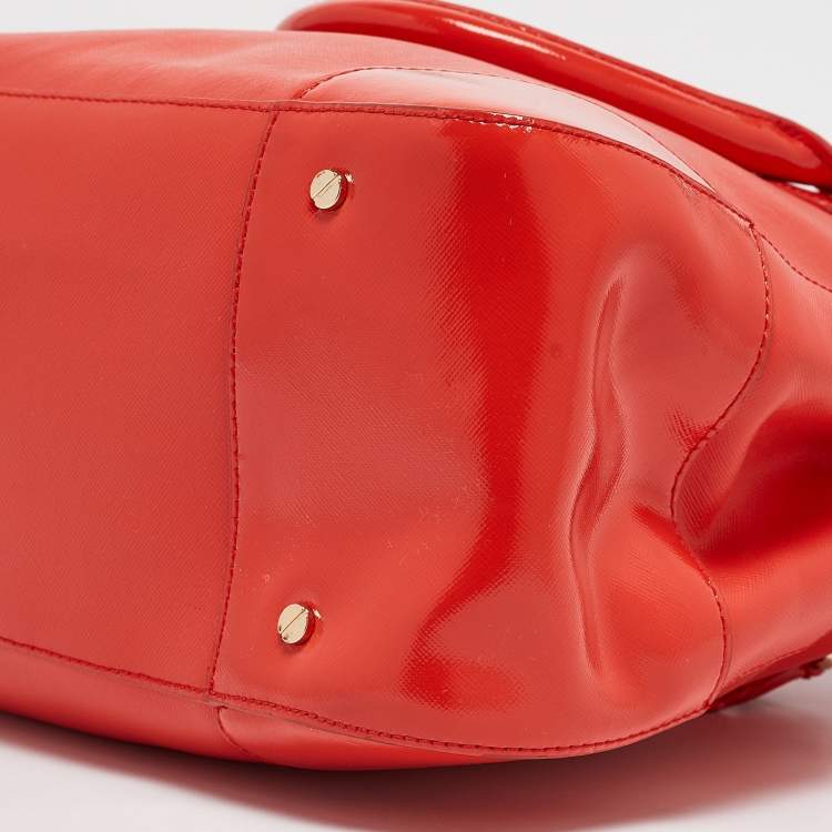 Pre Owned Tory Burch Orange Patent and Leather Large Robinson Double Zip Tote