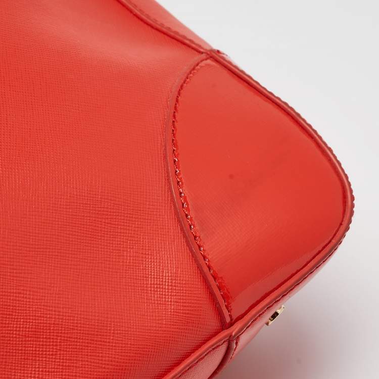 Pre Owned Tory Burch Orange Patent and Leather Large Robinson Double Zip Tote