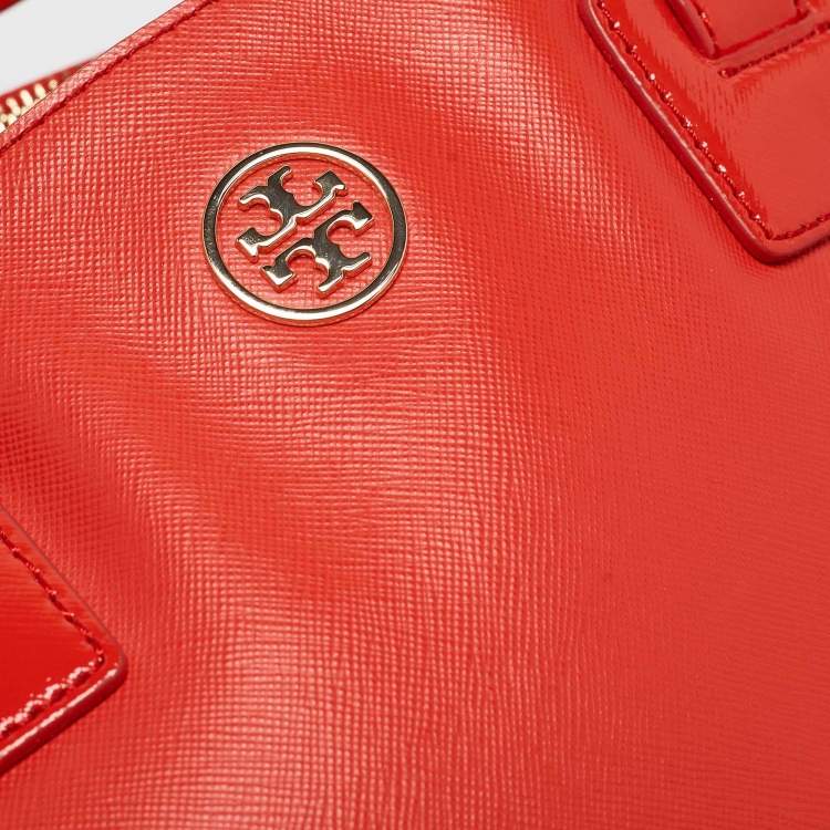 Pre Owned Tory Burch Orange Patent and Leather Large Robinson Double Zip Tote