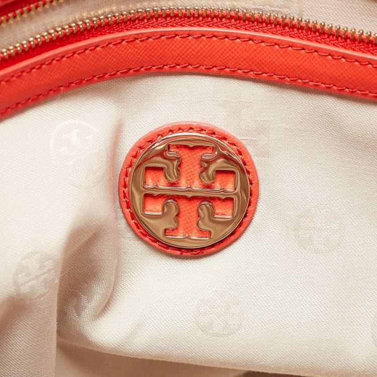 Pre Owned Tory Burch Orange Patent and Leather Large Robinson Double Zip Tote