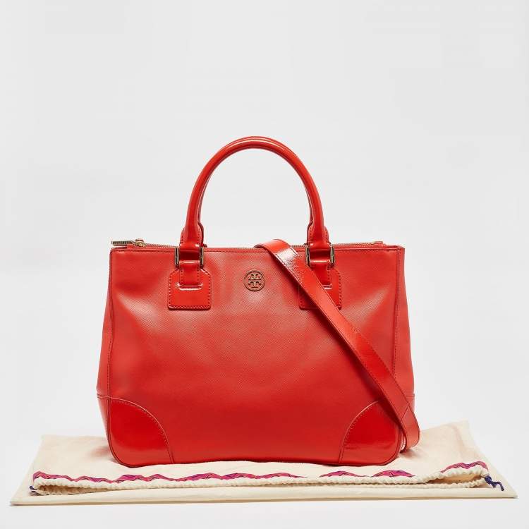 Pre Owned Tory Burch Orange Patent and Leather Large Robinson Double Zip Tote