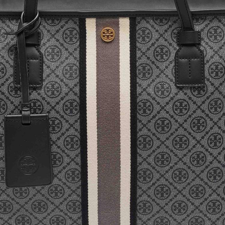 Pre Owned Tory Burch Grey/Black Logo Coated Canvas Zip Shopper Tote