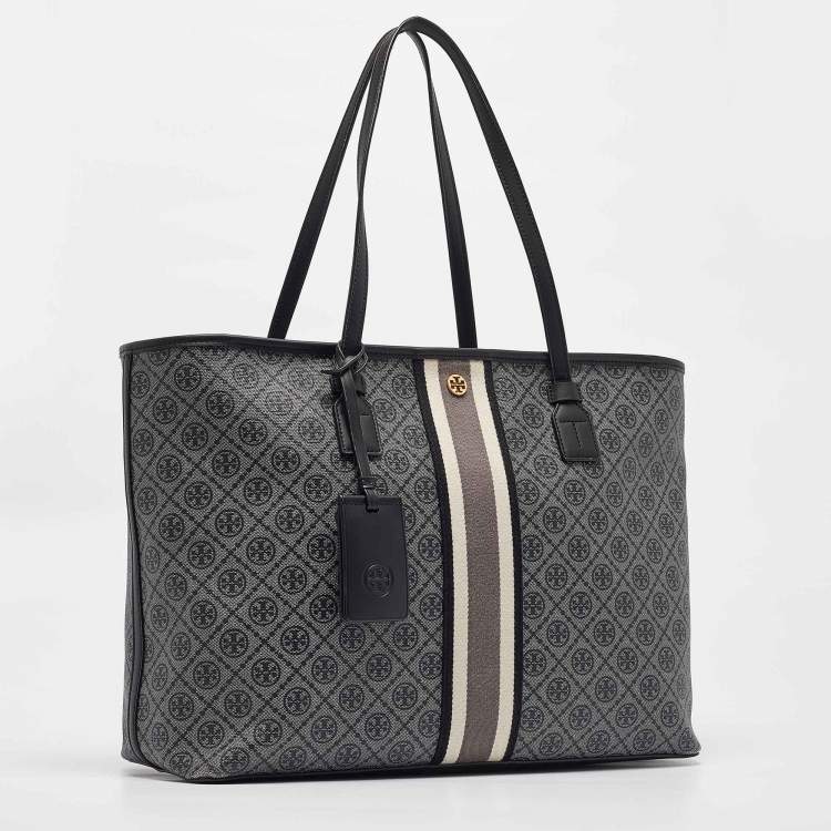 Pre Owned Tory Burch Grey/Black Logo Coated Canvas Zip Shopper Tote