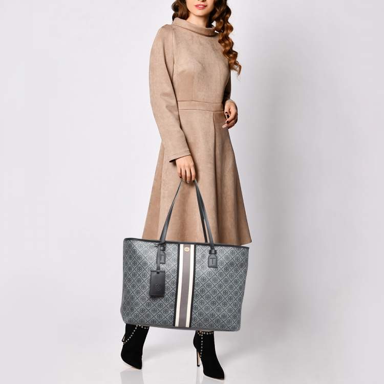 Pre Owned Tory Burch Grey/Black Logo Coated Canvas Zip Shopper Tote