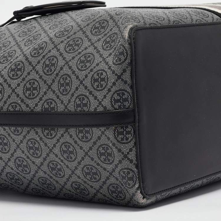 Pre Owned Tory Burch Grey/Black Logo Coated Canvas Zip Shopper Tote