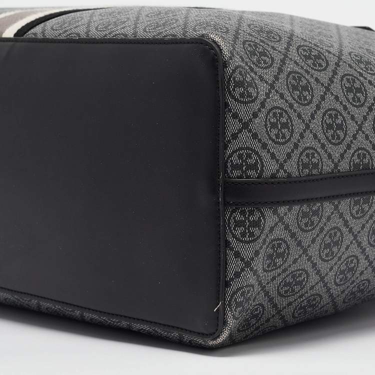 Pre Owned Tory Burch Grey/Black Logo Coated Canvas Zip Shopper Tote