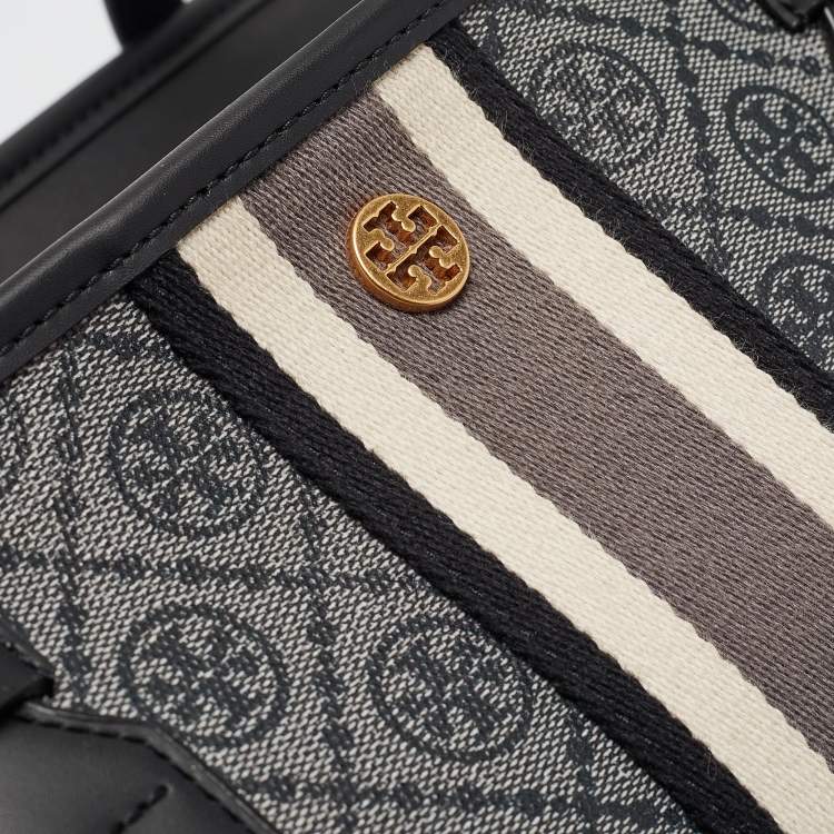 Pre Owned Tory Burch Grey/Black Logo Coated Canvas Zip Shopper Tote