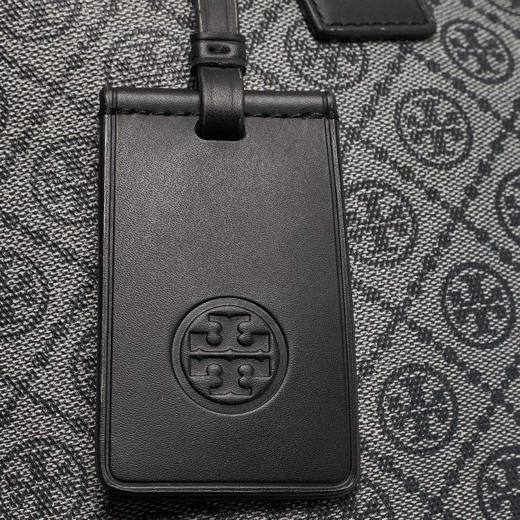 Pre Owned Tory Burch Grey/Black Logo Coated Canvas Zip Shopper Tote
