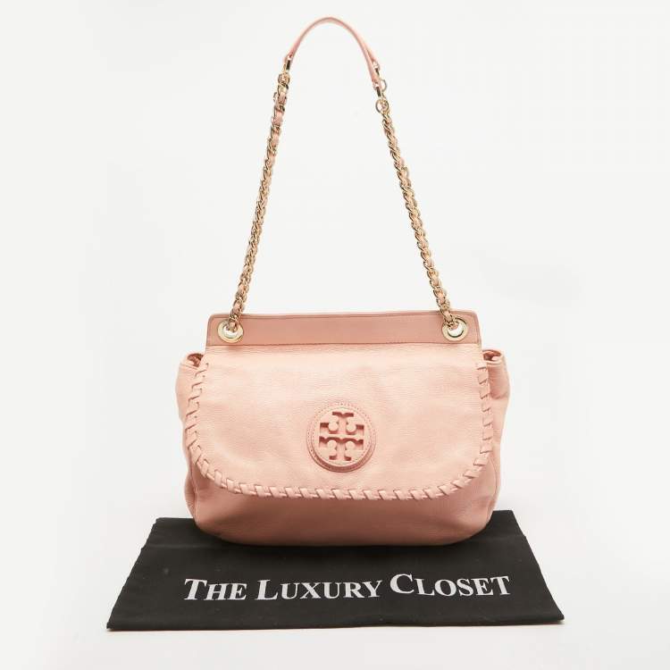 Pre Owned Tory Burch Peach Leather Marion Shoulder Bag