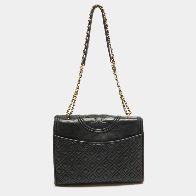 Pre Owned Tory Burch Black Quilted Leather Fleming Shoulder Bag