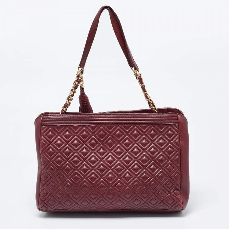 Pre Owned Tory Burch Burgundy Quilted Leather Fleming Chain Tote