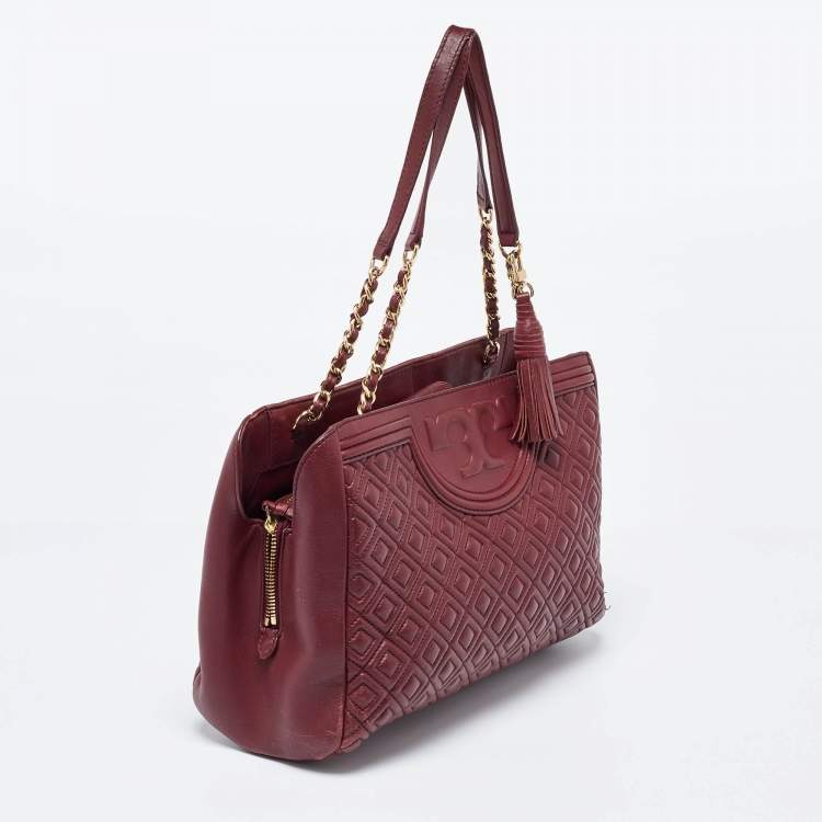 Pre Owned Tory Burch Burgundy Quilted Leather Fleming Chain Tote