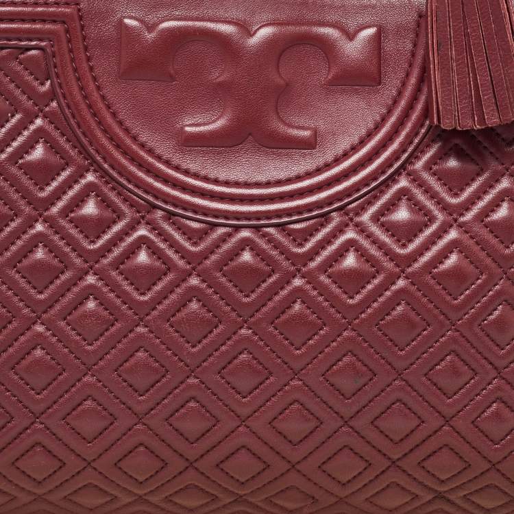 Pre Owned Tory Burch Burgundy Quilted Leather Fleming Chain Tote