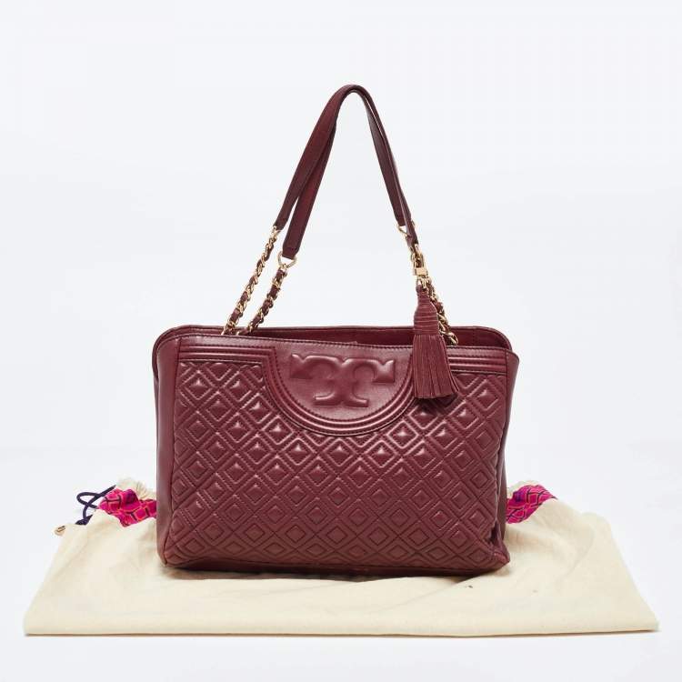 Pre Owned Tory Burch Burgundy Quilted Leather Fleming Chain Tote