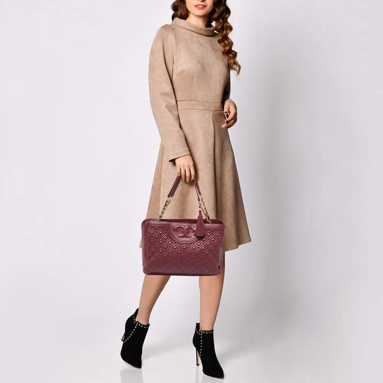 Pre Owned Tory Burch Burgundy Quilted Leather Fleming Chain Tote