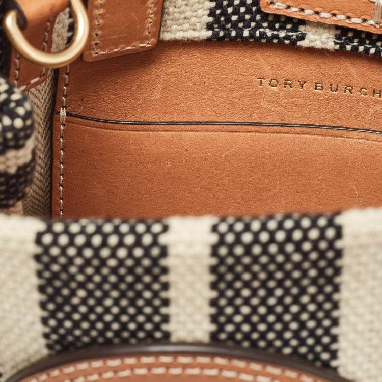 Pre Owned Tory Burch Black/Ivory Striped Canvas and Leather Mini Ella Tote