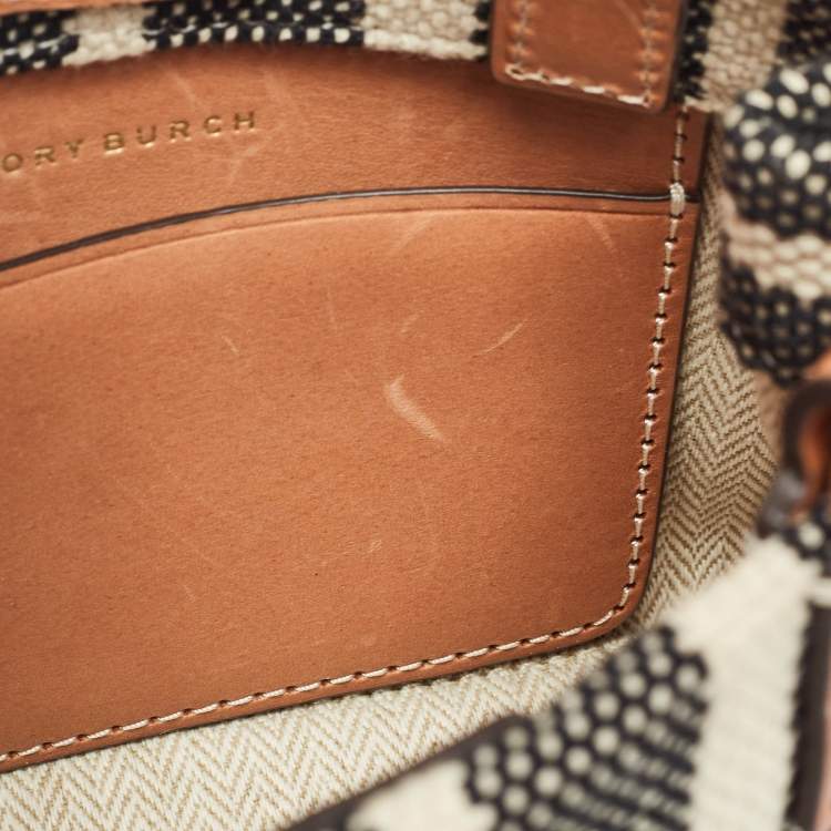 Pre Owned Tory Burch Black/Ivory Striped Canvas and Leather Mini Ella Tote