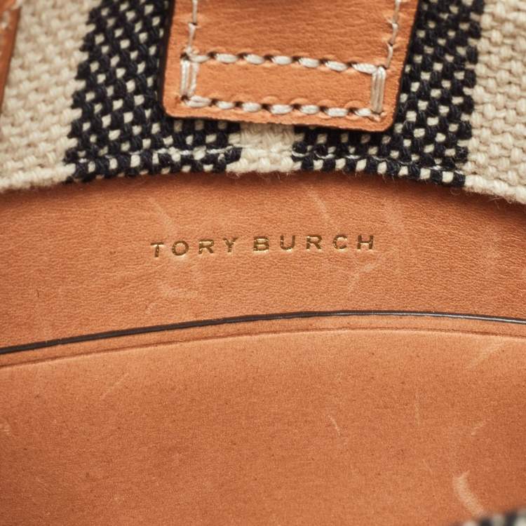 Pre Owned Tory Burch Black/Ivory Striped Canvas and Leather Mini Ella Tote