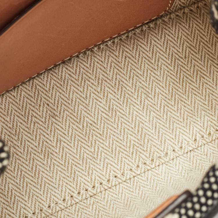 Pre Owned Tory Burch Black/Ivory Striped Canvas and Leather Mini Ella Tote