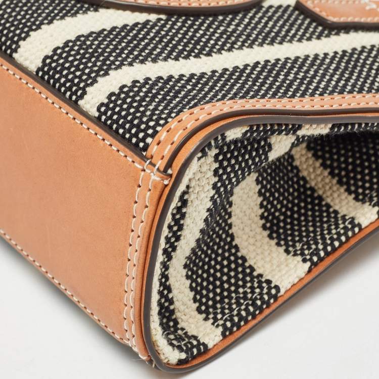 Pre Owned Tory Burch Black/Ivory Striped Canvas and Leather Mini Ella Tote