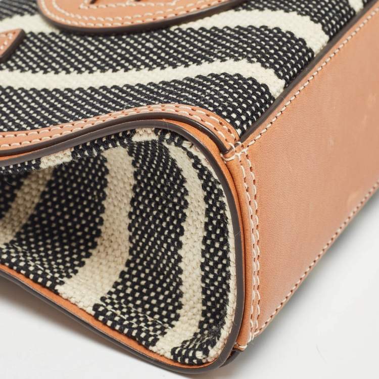 Pre Owned Tory Burch Black/Ivory Striped Canvas and Leather Mini Ella Tote