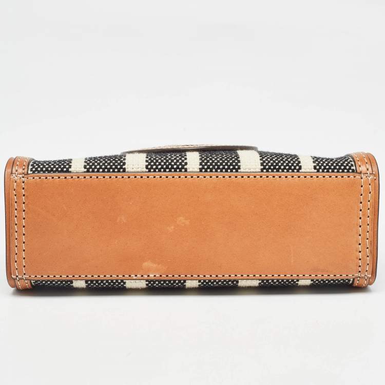 Pre Owned Tory Burch Black/Ivory Striped Canvas and Leather Mini Ella Tote