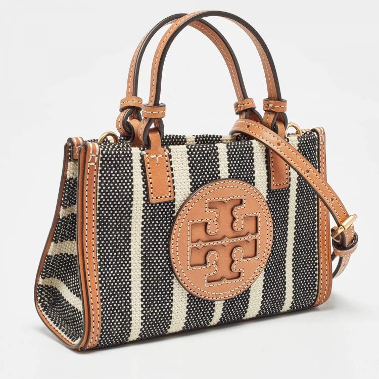 Pre Owned Tory Burch Black/Ivory Striped Canvas and Leather Mini Ella Tote