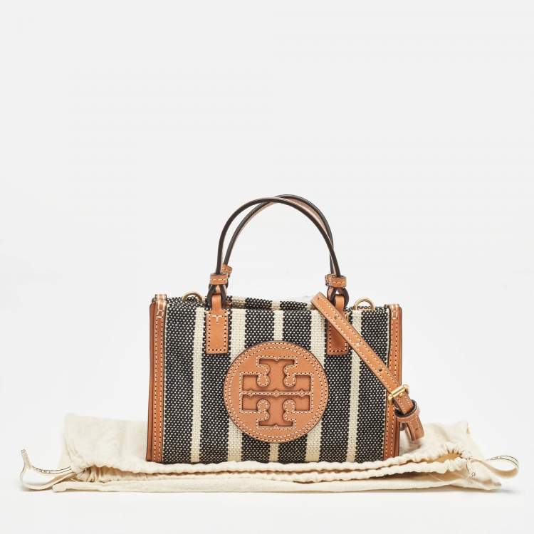 Pre Owned Tory Burch Black/Ivory Striped Canvas and Leather Mini Ella Tote