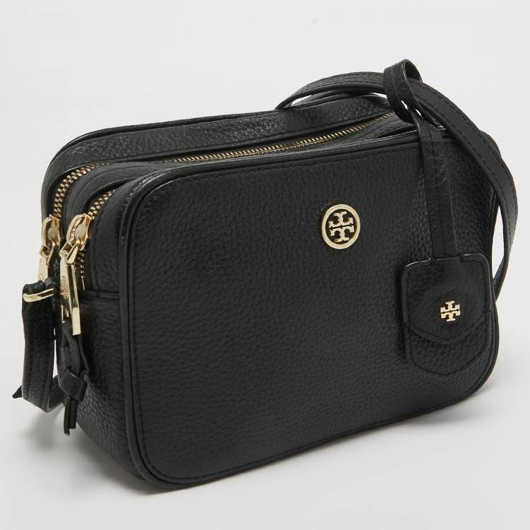 Pre Owned Tory Burch Black Leather Robinson Double Zip Crossbody Bag