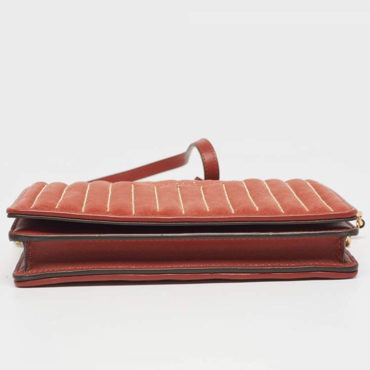Pre Owned Tory Burch Brown Brick Quilted Velvet Small Kira Shoulder Bag