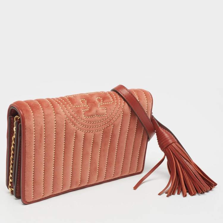 Pre Owned Tory Burch Brown Brick Quilted Velvet Small Kira Shoulder Bag
