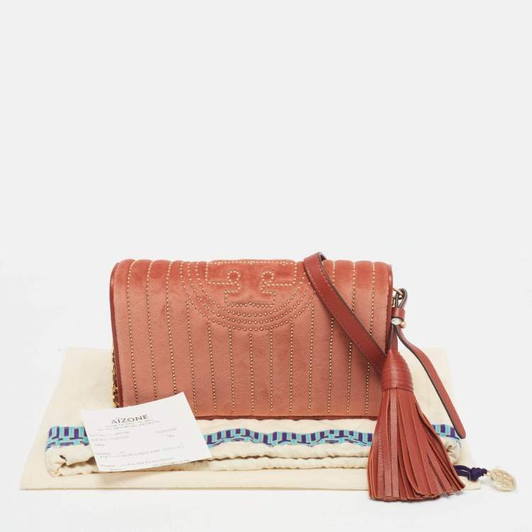 Pre Owned Tory Burch Brown Brick Quilted Velvet Small Kira Shoulder Bag