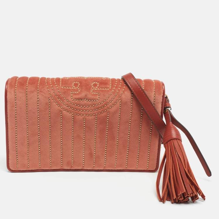 Pre Owned Tory Burch Brown Brick Quilted Velvet Small Kira Shoulder Bag