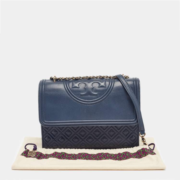 Pre Owned Tory Burch Navy Blue Quilted Leather Fleming Shoulder Bag