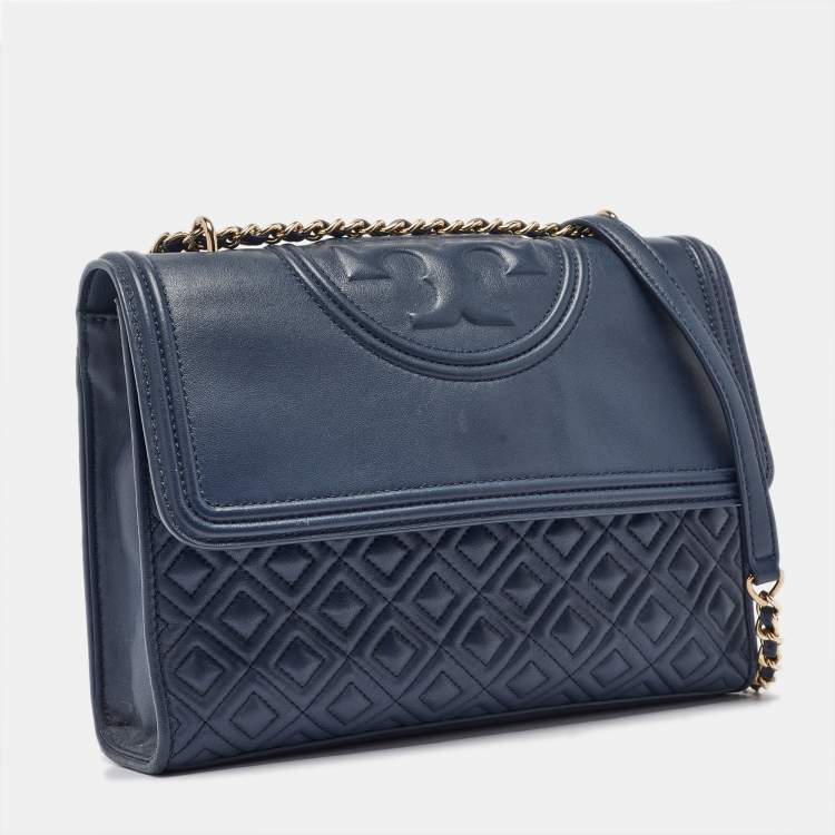 Pre Owned Tory Burch Navy Blue Quilted Leather Fleming Shoulder Bag