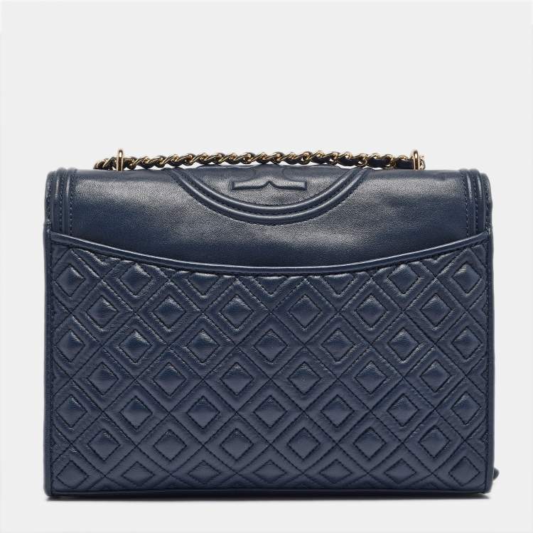 Pre Owned Tory Burch Navy Blue Quilted Leather Fleming Shoulder Bag