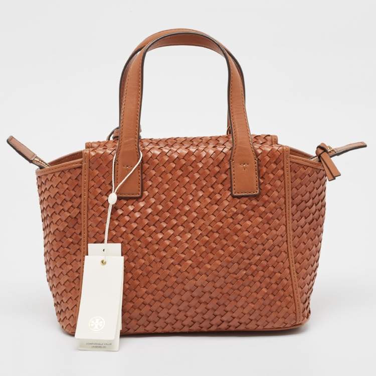 Pre Owned Tory Burch Brown Woven Leather Mini Thea Tote