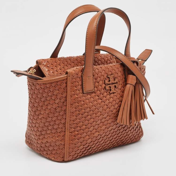 Pre Owned Tory Burch Brown Woven Leather Mini Thea Tote