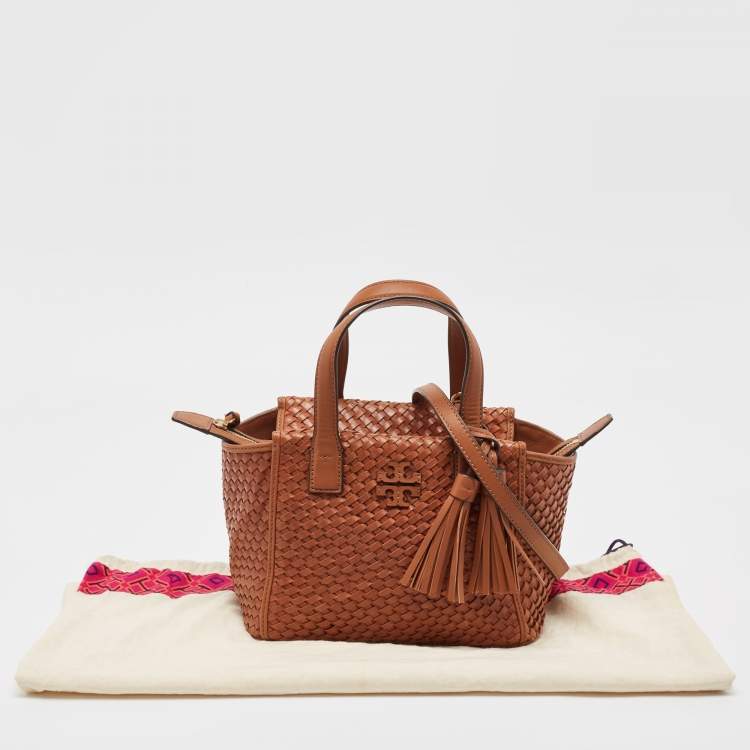 Pre Owned Tory Burch Brown Woven Leather Mini Thea Tote