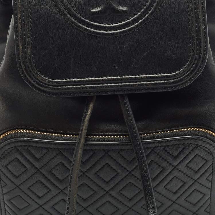 Pre Owned Tory Burch Black Quilted Leather Fleming Drawstring Backpack