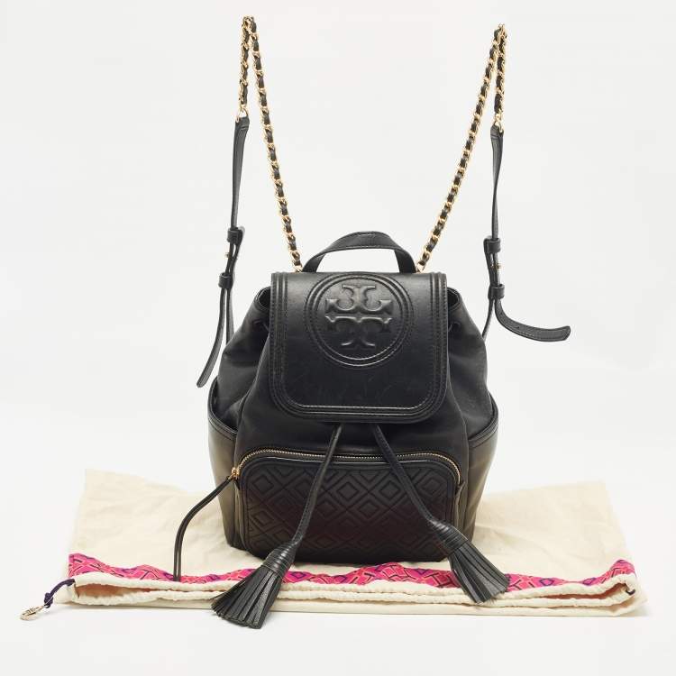 Pre Owned Tory Burch Black Quilted Leather Fleming Drawstring Backpack