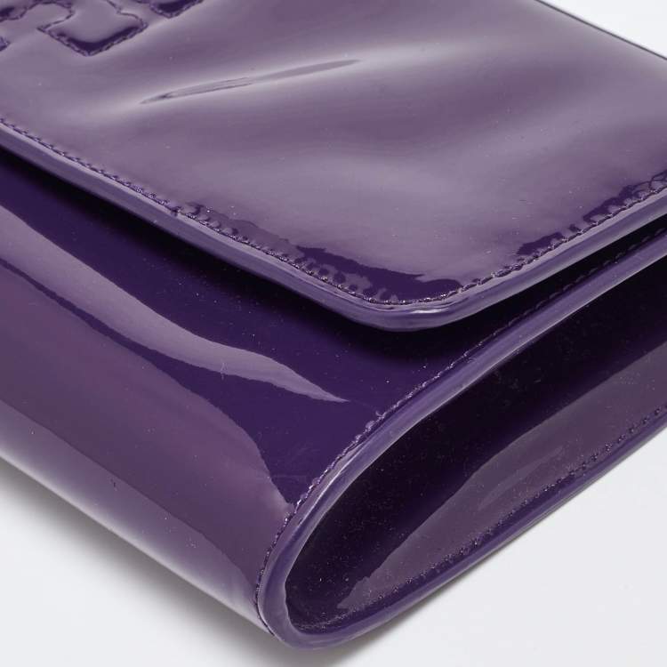 Pre Owned Tory Burch Purple Patent Leather Logo Embossed Flap Clutch Bag