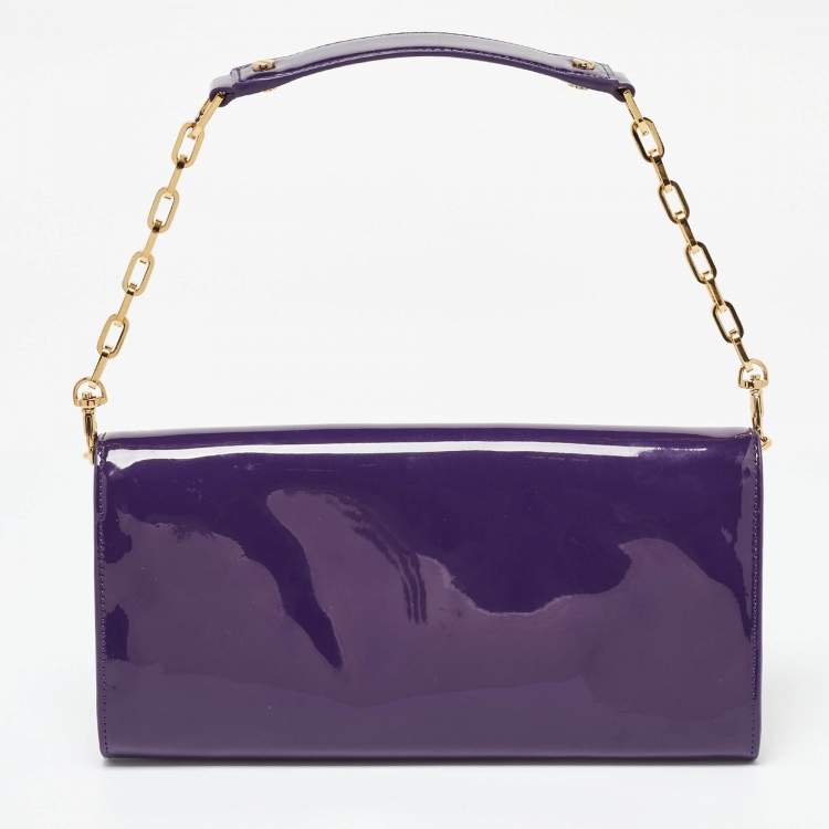 Pre Owned Tory Burch Purple Patent Leather Logo Embossed Flap Clutch Bag