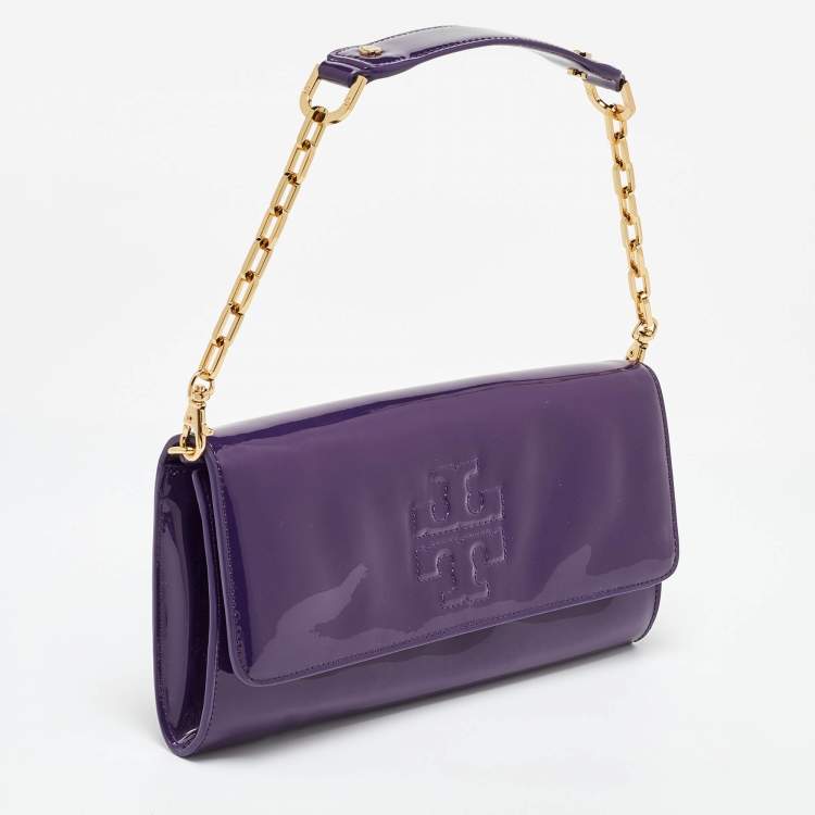 Pre Owned Tory Burch Purple Patent Leather Logo Embossed Flap Clutch Bag