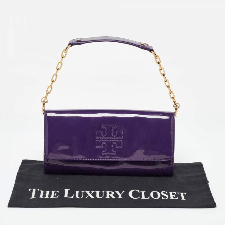 Pre Owned Tory Burch Purple Patent Leather Logo Embossed Flap Clutch Bag